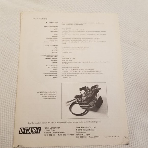 Original Vintage OTARI Dealer sheet/Spec DP-4050 8:1 Cassette Duplicator - Picture 4 of 7